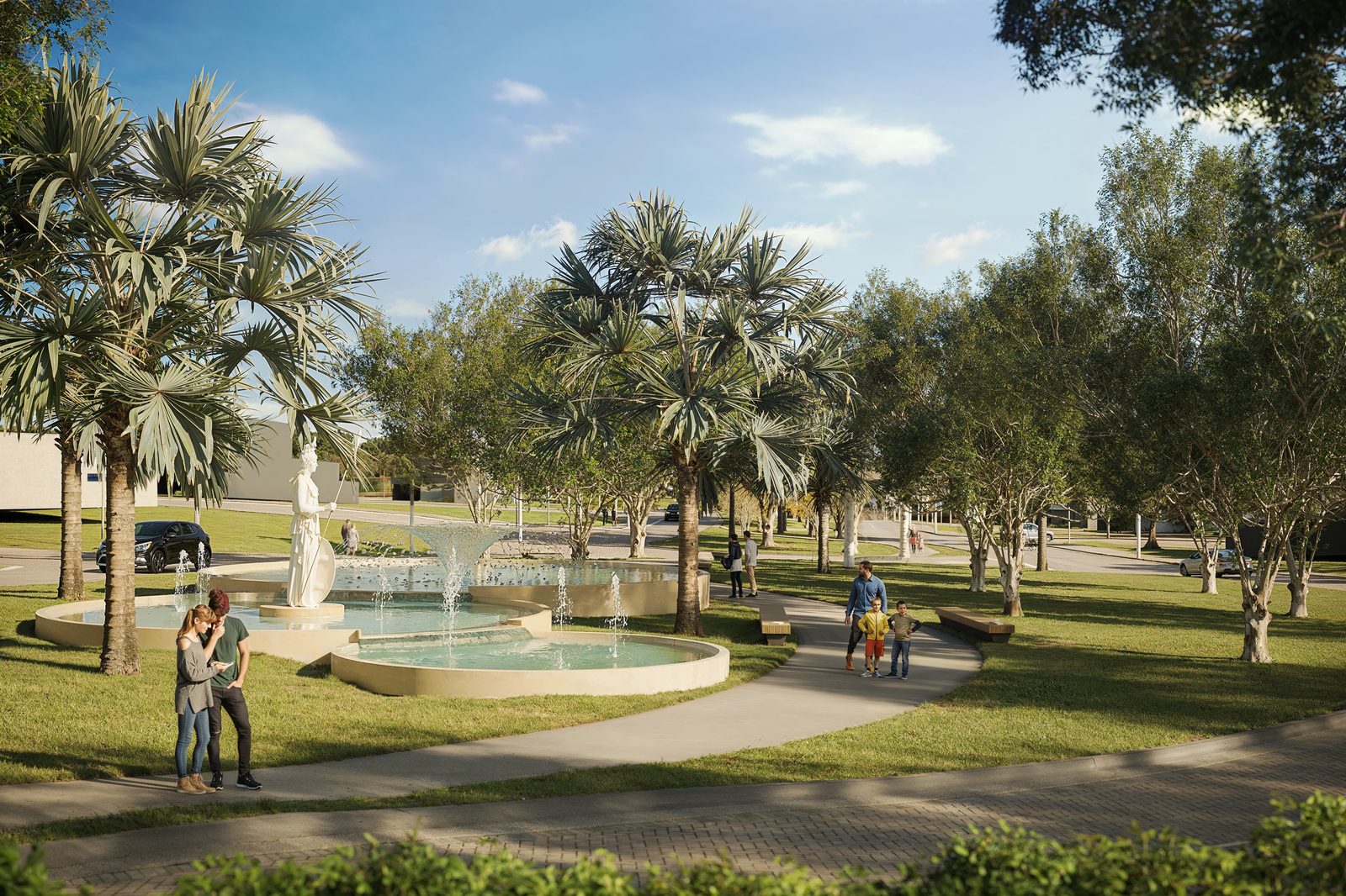 Praça com fonte e estátua grega - Jardins FGR
